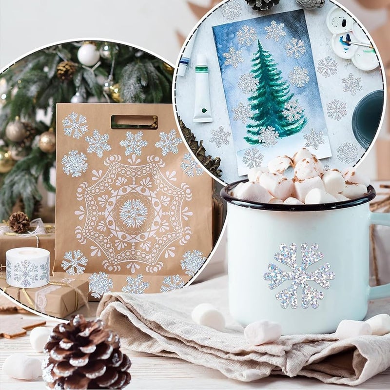 RUPOFUZA 500Pcs Christmas Stickers Roll for Cards 3 Designs Silver Foil Snowflake Stickers Xmas Winter Holiday Adhesive Label Stickers Decal for Xmas Envelopes Invitations Cards Gifts Decor - Image 5